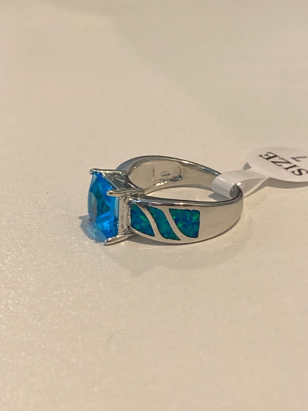 Blue CZ Square-Cut and Blue Opal Ring - Picture 11 of 13